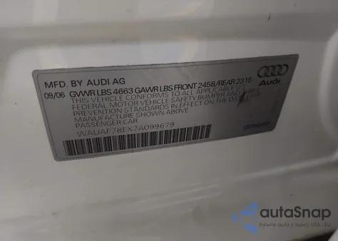 2007 Audi A4 2.0T from USA, damaged, VIN WAUAF78EX7A099679
